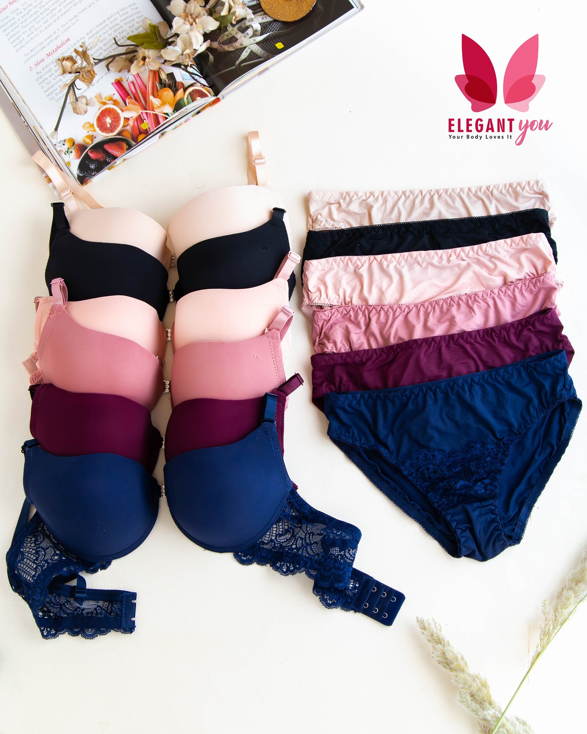 (34-40)B Intimate Solid Colour Pushup Underwired Bra and Matching Panty (144)