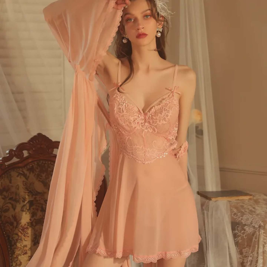 3 Piece Silk Night Dress & Full Sleeves Robe - Satin LG-02